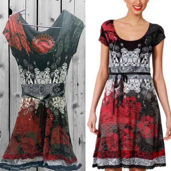 Desigual Black and Red Patterned Mini Dress S - Picture 1 of 11
